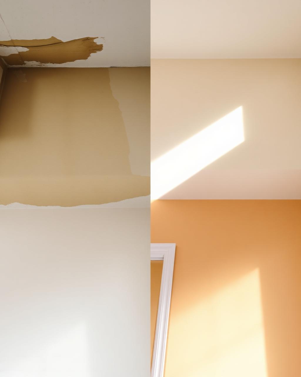 Damp stained ceiling before and after leakage repair
