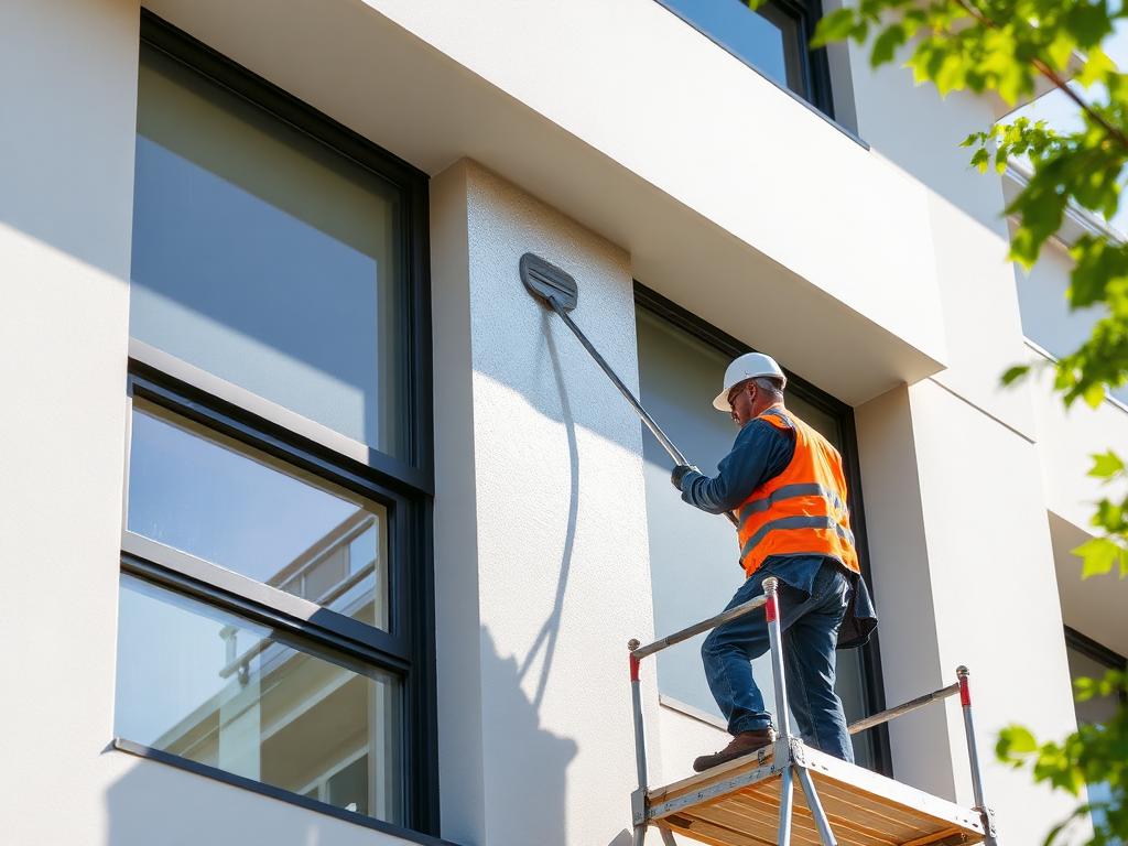 Worker applying waterproof coating on a building facade