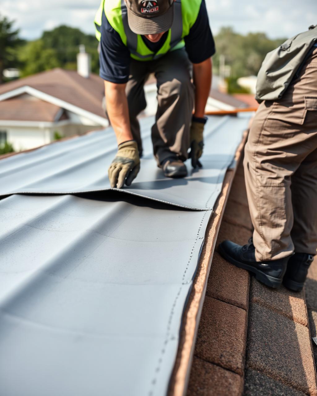 Waterproof membrane being laid on a residential roof