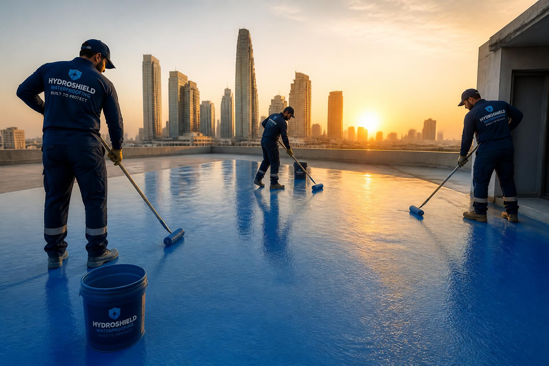 Waterproofing professionals applying protective membrane on a terrace roof